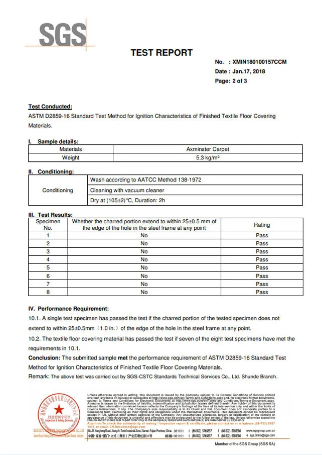 ASTM E648 fire rating test report for commercial carpet