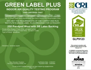 CRI Green Label Plus GLP9123 Certification for Axminster Carpets
