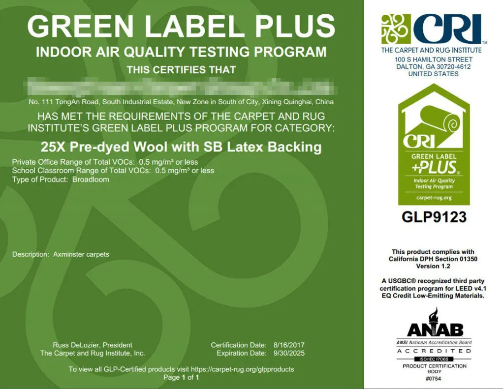 CRI Green Label Plus GLP9123 Certification for Axminster Carpets
