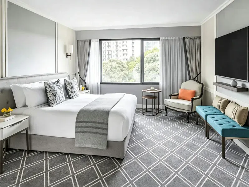 custom geometric guest room carpet at Auckland 5-Star Hotel