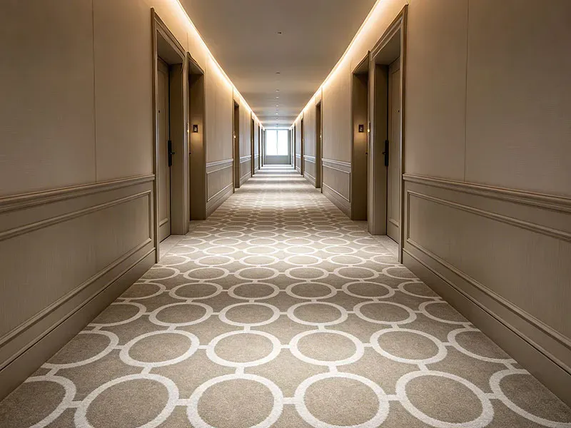 Durable high-traffic hotel corridor runner carpet with modern geometric ring pattern