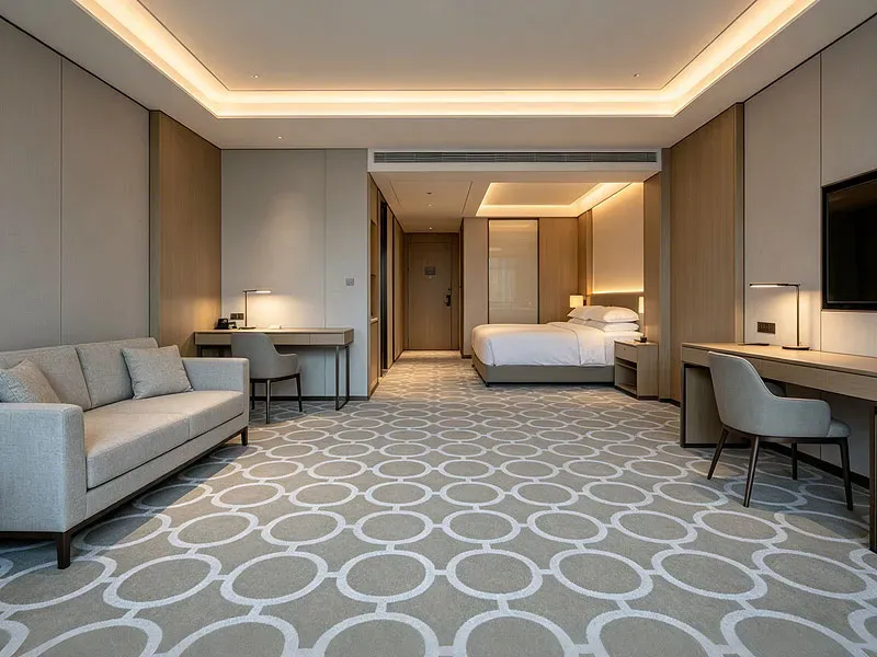 Completed hotel flooring project in Dubai: Custom geometric carpet in a modern bedroom interior.