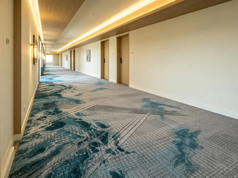 Abstract teal ocean wave design contract carpeting for luxury hotel corridors.