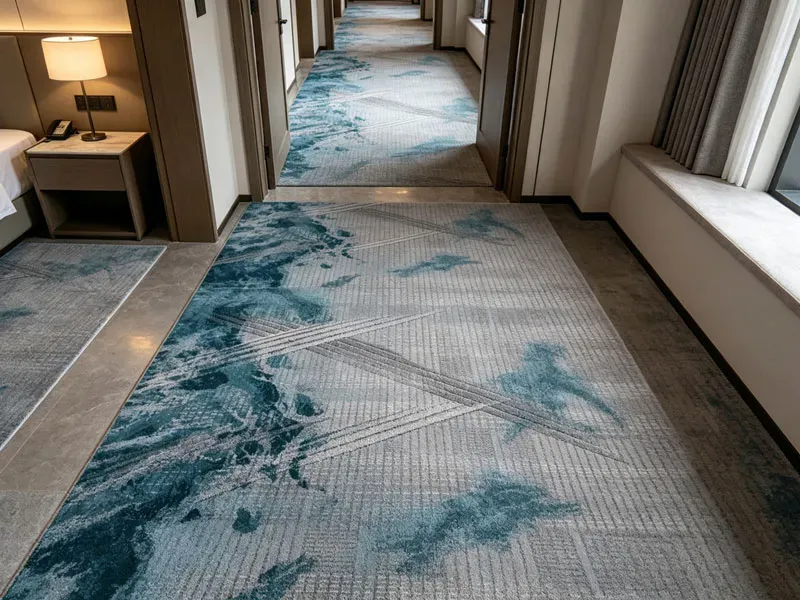 Custom ocean wave pattern guestroom and hallway carpeting for luxury hotel case.