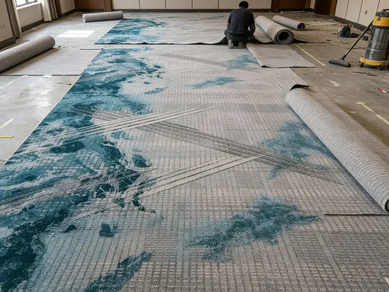 Commercial carpet installation project in progress for luxury hotel ballroom.