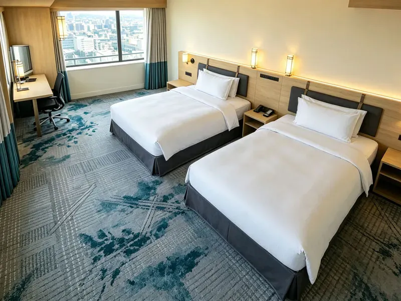Bespoke teal abstract hospitality carpet printed for luxury hotel bedrooms.