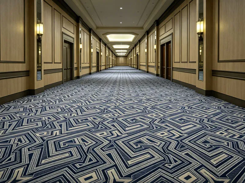 Custom geometric hospitality carpet in Houston 5-Star Hotel luxury corridor