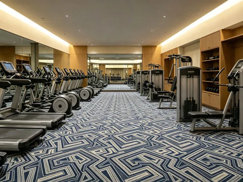 Dynamic geometric commercial carpet tiles in Hilton hotel fitness center