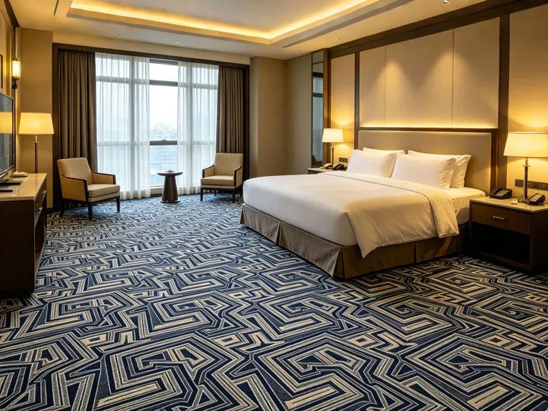 Custom blue and beige commercial carpet for Hilton hotel guest room project