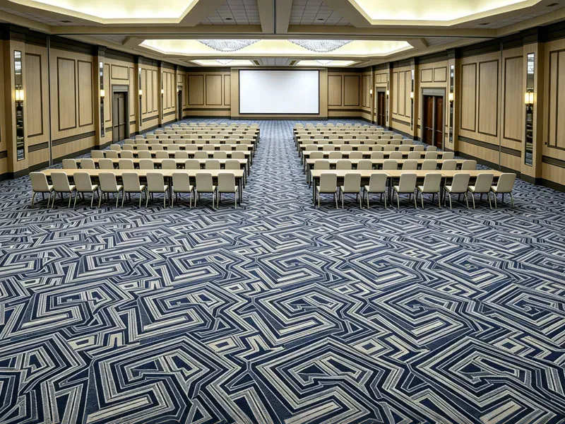 Large-scale geometric commercial ballroom carpet in Hilton hotel conference hall