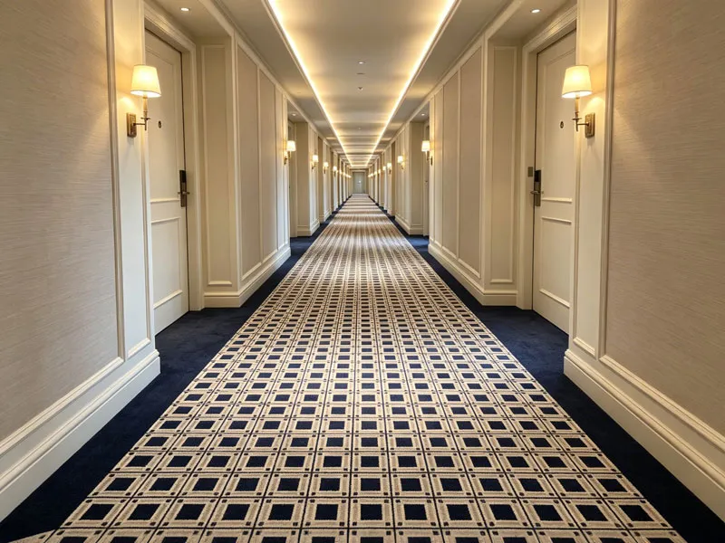 Custom geometric corridor carpet in Macao 5-Star Hotel.