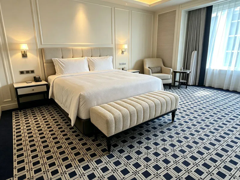 Custom geometric guestroom carpet inside Macao 5-Star Hotel luxury hotel.