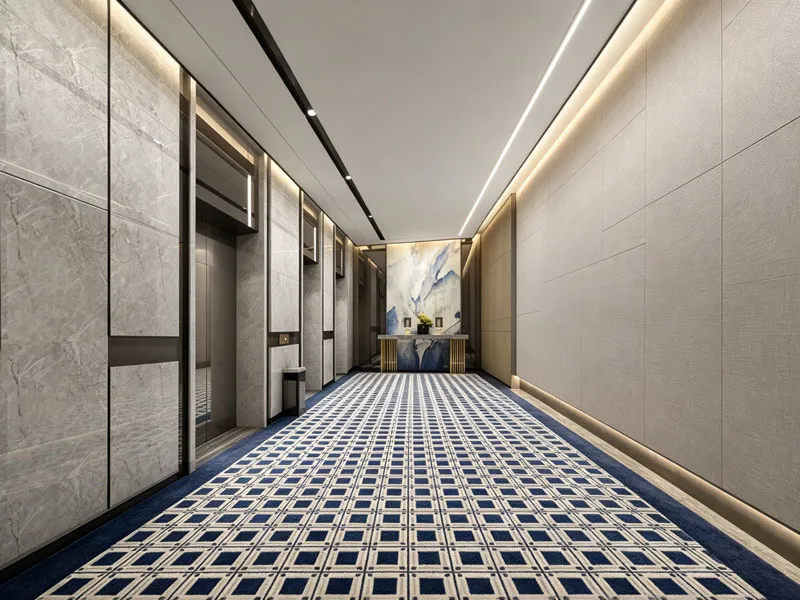 Custom geometric luxury carpet in Macao 5-Star Hotel lift lobby.