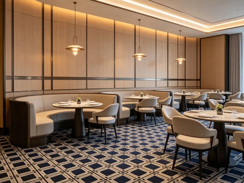Custom geometric carpet in Macao 5-Star Hotel restaurant dining area.