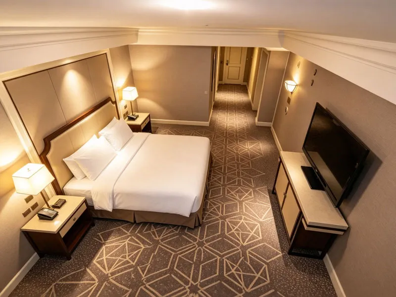 Luxury hotel bedroom carpet with modern geometric design