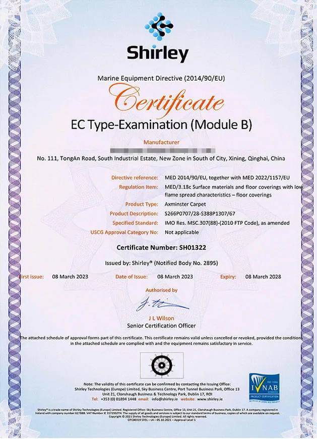 EC Type Examination Module B MED Wheelmark Marine Fire Certificate for Cruise Ship Axminster Carpet