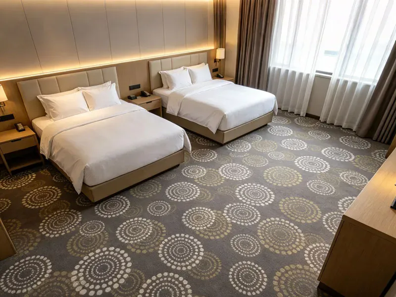 Cozy hotel guest room carpet with soft ambient lighting