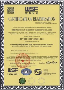 ISO 45001 Occupational Health and Safety Management System Certificate for Shengyuan Carpet Factory