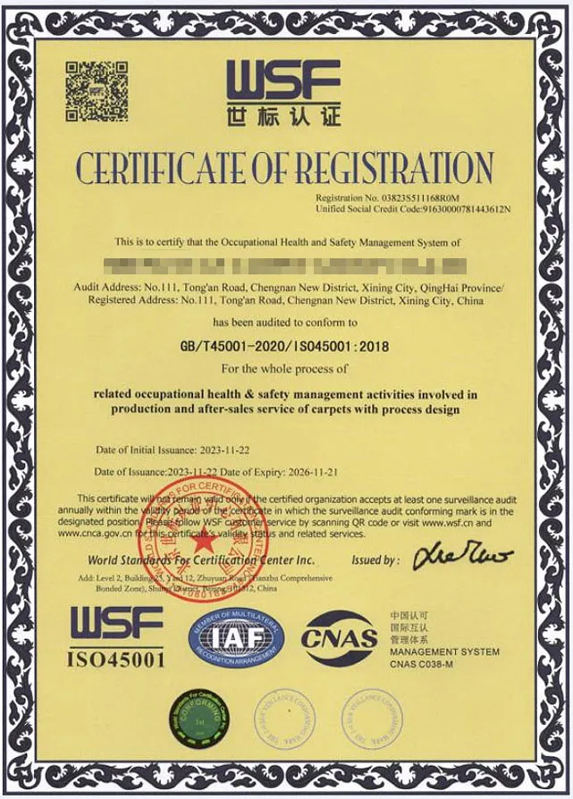 ISO 45001 Occupational Health and Safety Management System Certificate for Shengyuan Carpet Factory