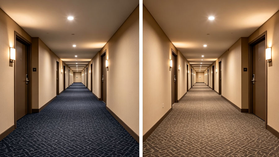 commercial carpet dye lot mismatch hotel corridor