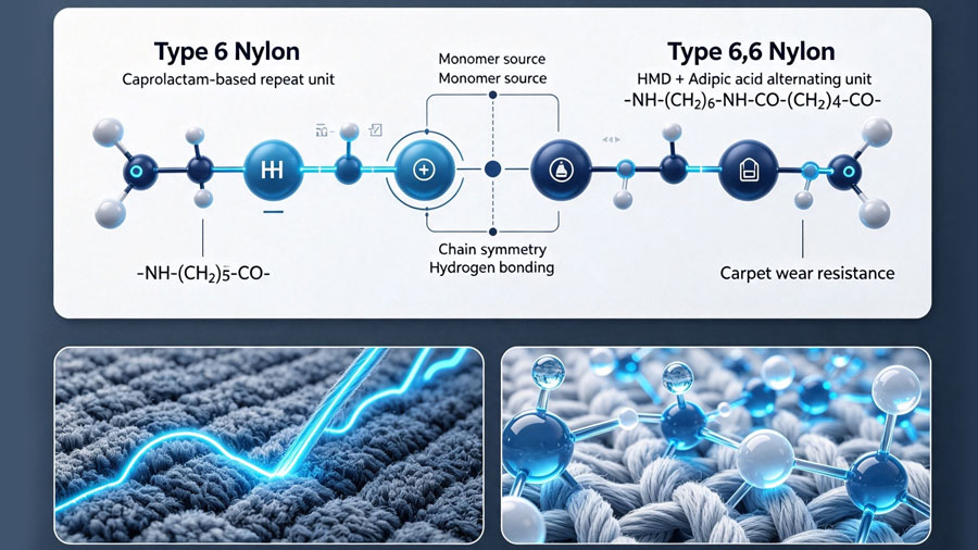 Type 6 vs Type 6,6 nylon fiber structure comparison for commercial carpet