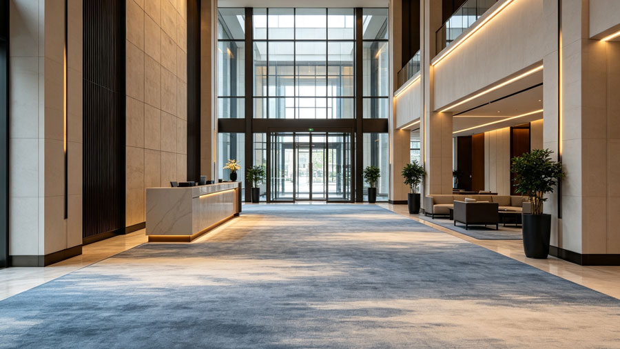 commercial wool carpet installed in hotel lobby