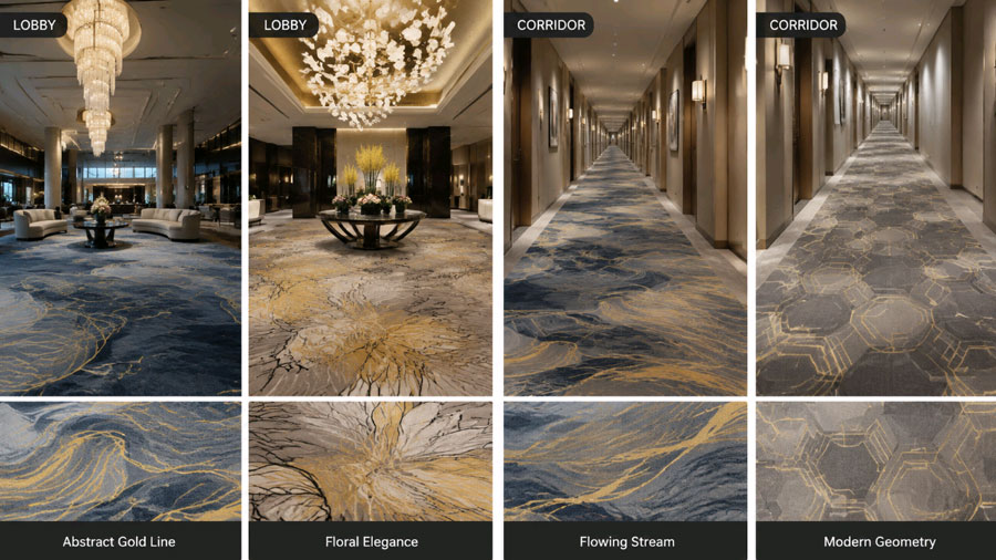 novelty commercial carpet pattern in hotel lobby and corridor