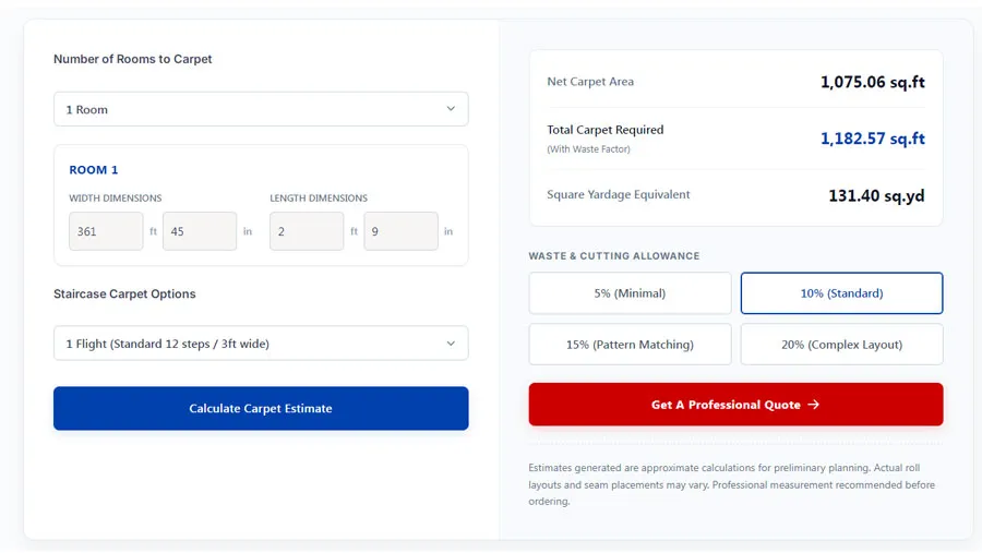 woven carpet cost and lead time calculator tool interface