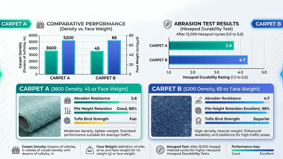 carpet density vs face weight abrasion test comparison