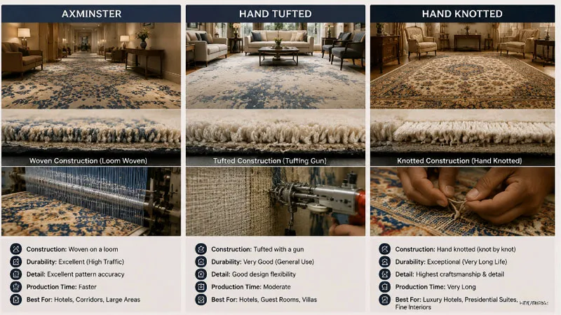 Axminster hand tufted hand knotted carpet construction comparison