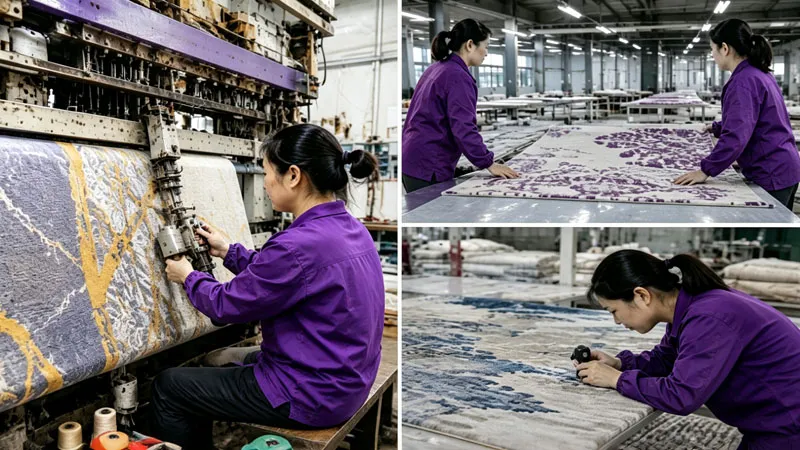 hand-tufted carpet factory production and quality inspection