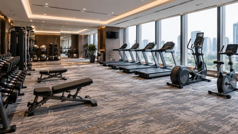 Commercial hotel fitness center with wool carpet flooring