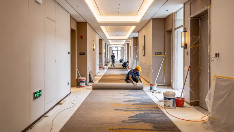 commercial hotel carpet installation sequence before painting